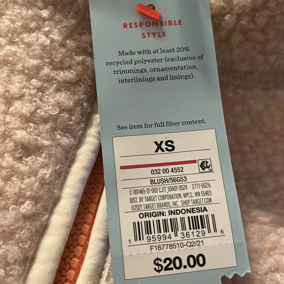 Girls extra small blush Sherpa zip up jacket.  New with tags. - Picture 5 of 6